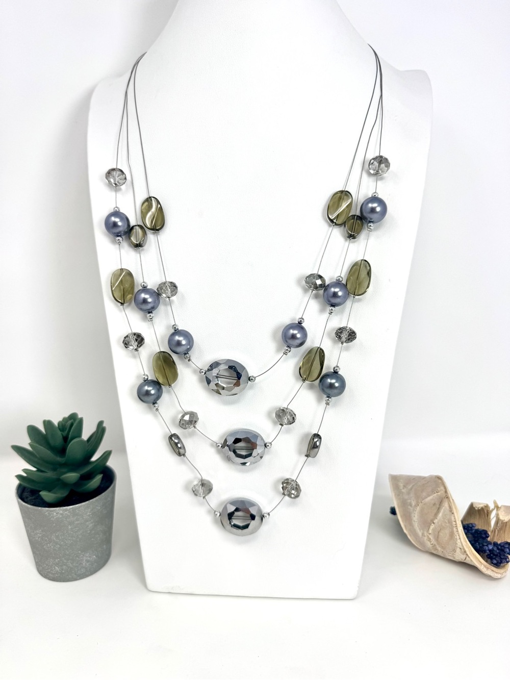 Multi-Strand Silver and Gray Floating Glass Beaded Necklace